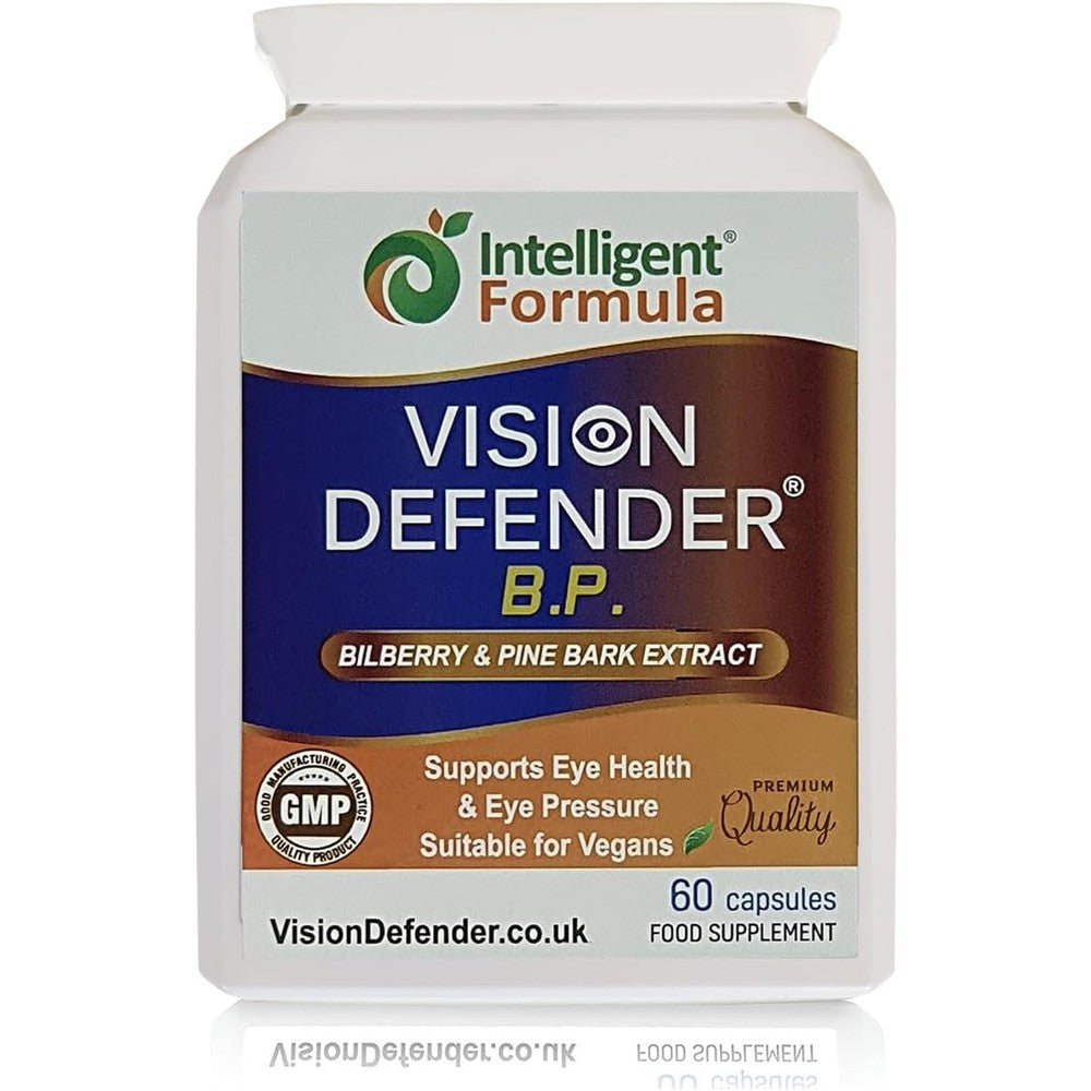 Vision Defender BP Eye Supplement front view bottle showing 60 vegetarian capsules for eye pressure support.