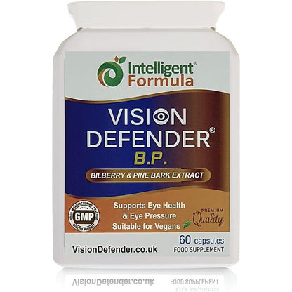 Vision Defender BP Eye Supplement front view bottle showing 60 vegetarian capsules for eye pressure support.