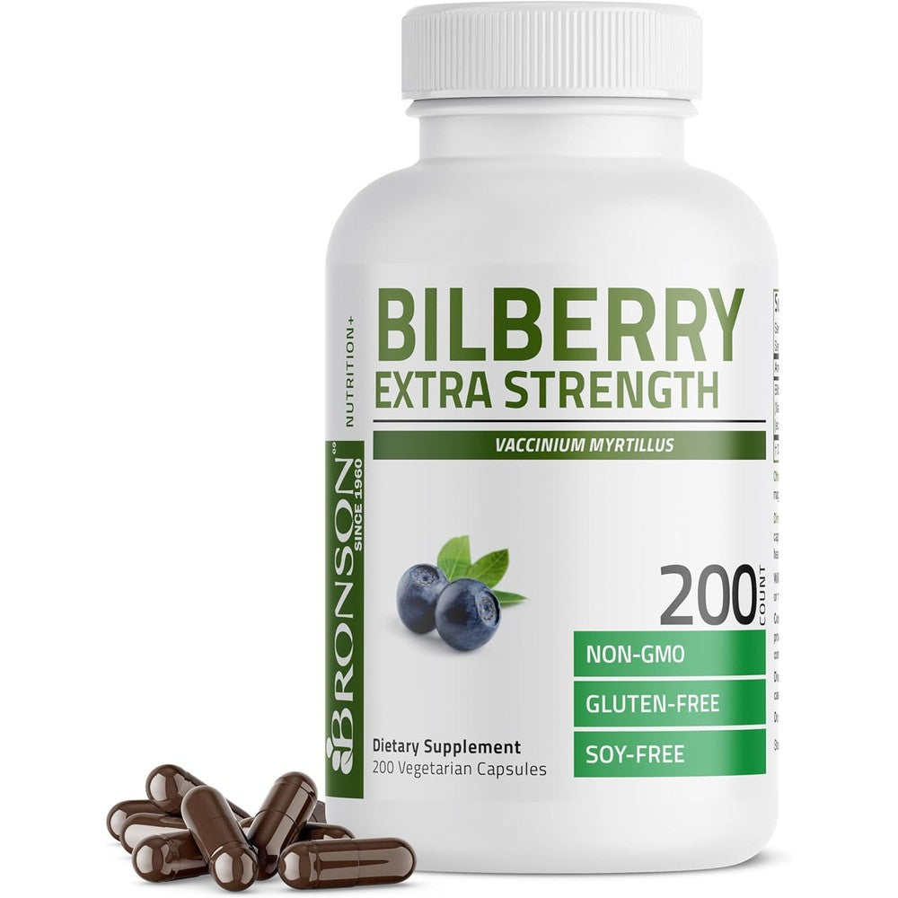 Bronson Bilberry Extra Strength 200 vegetarian capsules front bottle view for eye health