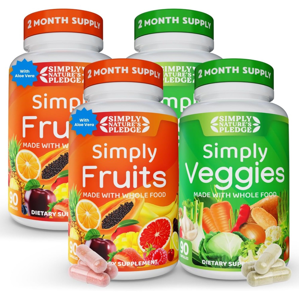 Simply Nature's Pledge fruits and vegetables 360 capsules front view showcasing whole food supplement label