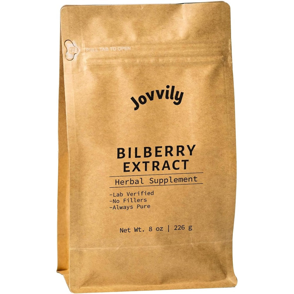 Jovvily Bilberry Extract Powder 8 Ounce resealable pouch front view showing pure herbal supplement details.