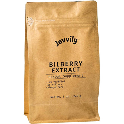 Jovvily Bilberry Extract Powder 8 Ounce resealable pouch front view showing pure herbal supplement details.