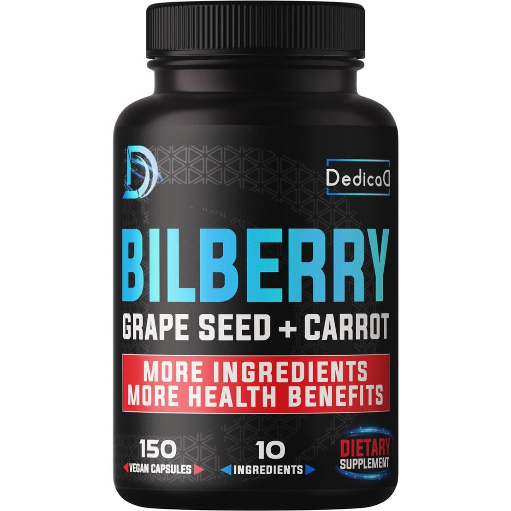 Dedicad Bilberry Extract 150 vegetarian capsules bottle front view for premium eye health support.