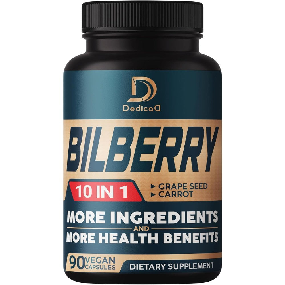 DEDICAD Bilberry 10in1 eye supplement bottle front view showing ninety vegetarian capsules for vision care.