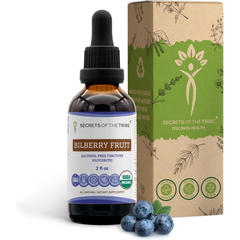 Secrets of the Tribe Bilberry Fruit Organic Drops front view bottle for eye wellness