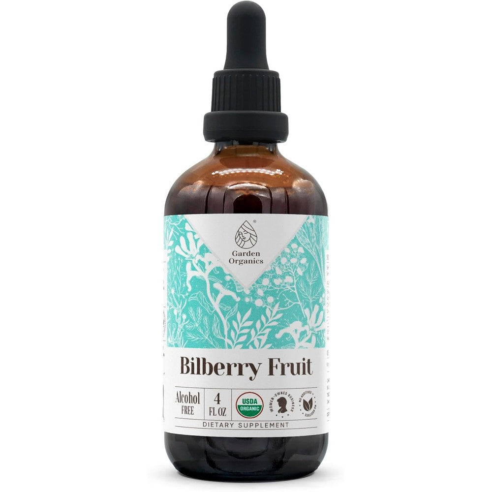 Garden Organics Bilberry Fruit Extract front view of the four fluid ounce liquid tincture bottle with dropper.