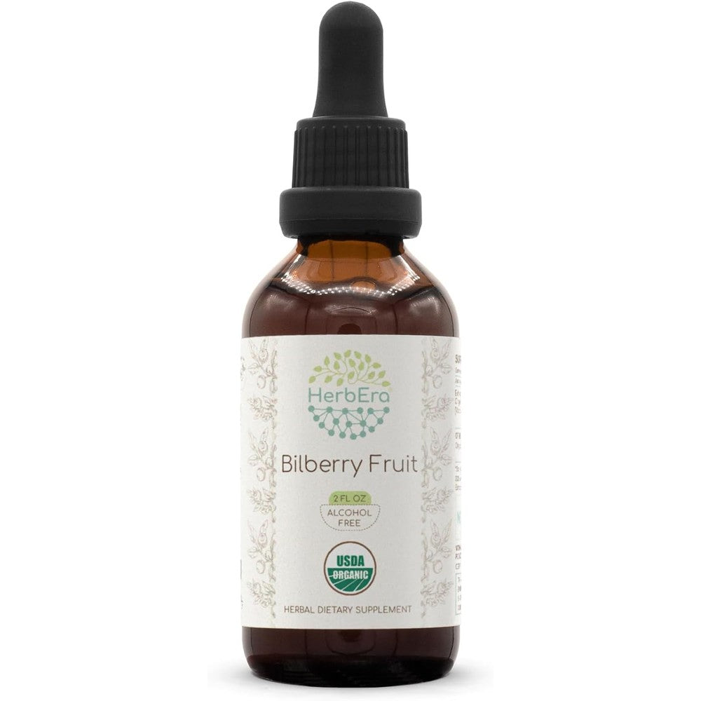 HerbEra Organic Bilberry Alcohol Free Liquid Extract front view bottle for eye health support.