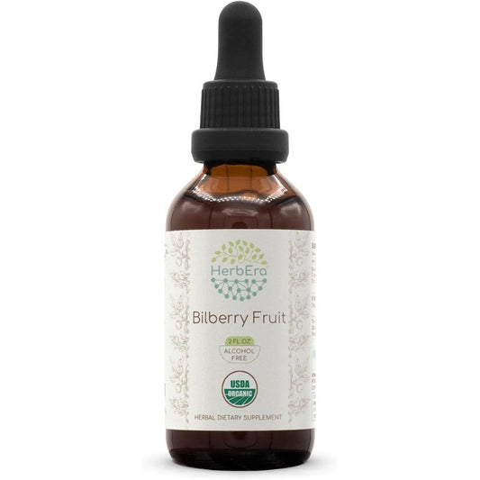 HerbEra Organic Bilberry Alcohol Free Liquid Extract front view bottle for eye health support.