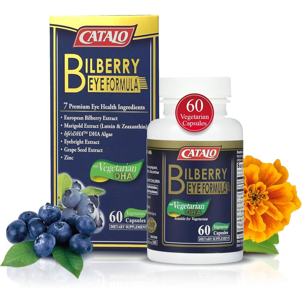 CATALO Bilberry Eye Formula with Vegetarian DHA sixty capsules front view bottle packaging