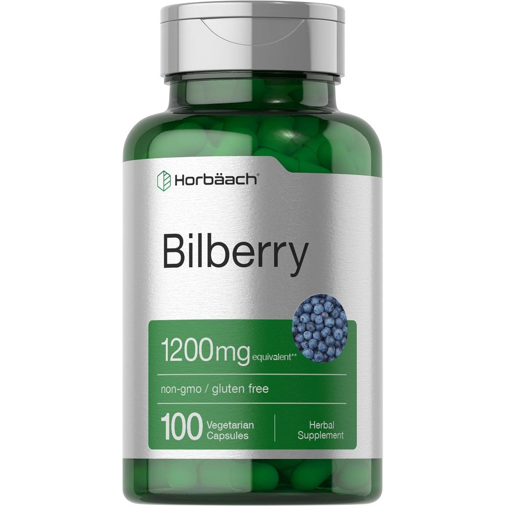 Horbaach Bilberry Fruit Extract 1200mg front view showing 100 vegetarian capsules bottle.
