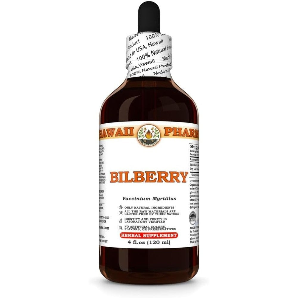 Hawaii Pharm Bilberry Dry Leaf Pure Liquid Extract front view of the four fluid ounce bottle showcasing original packaging.