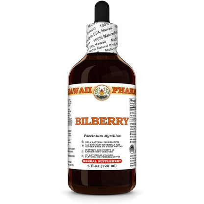 Hawaii Pharm Bilberry Dry Leaf Pure Liquid Extract front view of the four fluid ounce bottle showcasing original packaging.