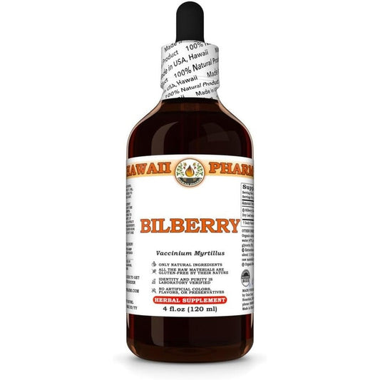 Hawaii Pharm Bilberry Dry Leaf Pure Liquid Extract front view of the four fluid ounce bottle showcasing original packaging.