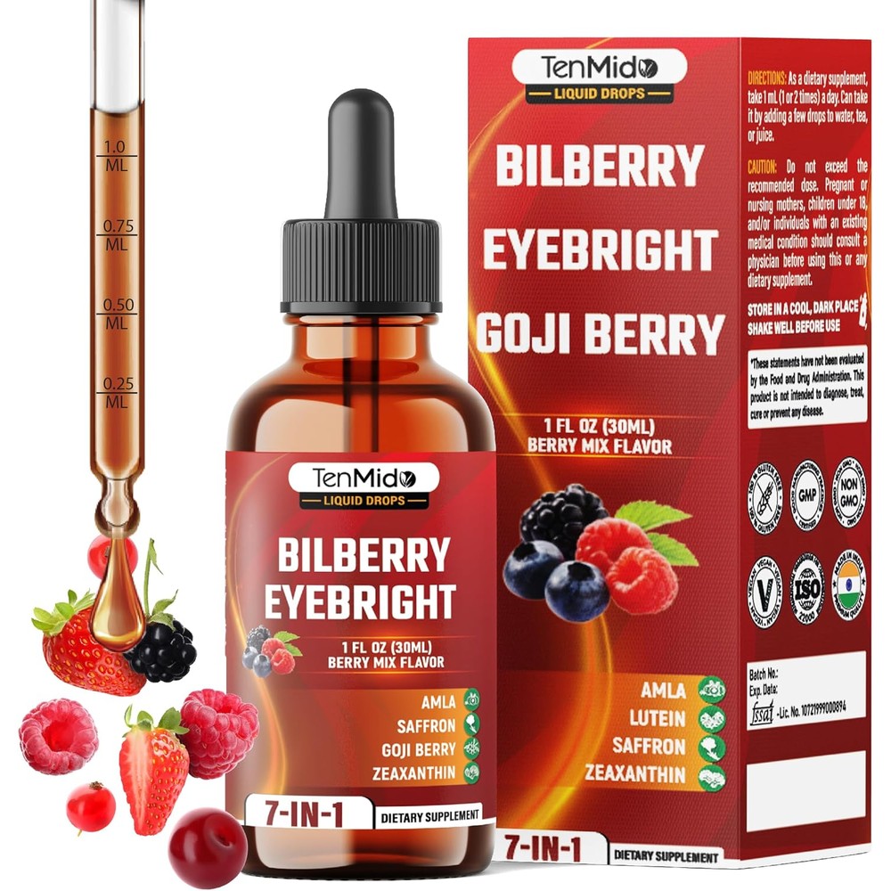 Tenmido Bilberry Extract 7 in 1 liquid drops front view packaging for eye support.