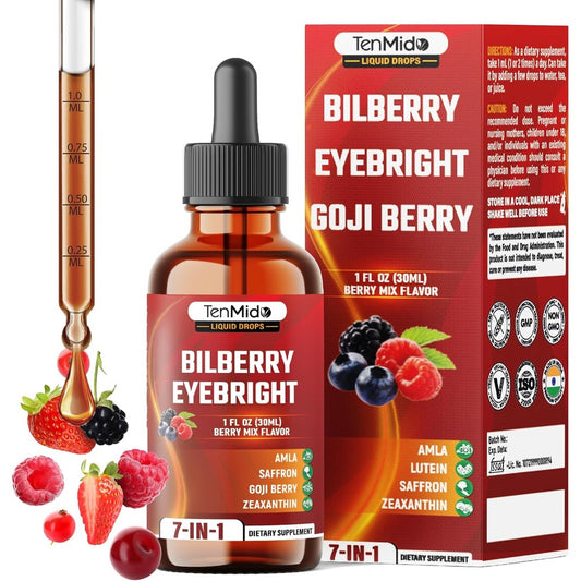 Tenmido Bilberry Extract 7 in 1 liquid drops front view packaging for eye support.