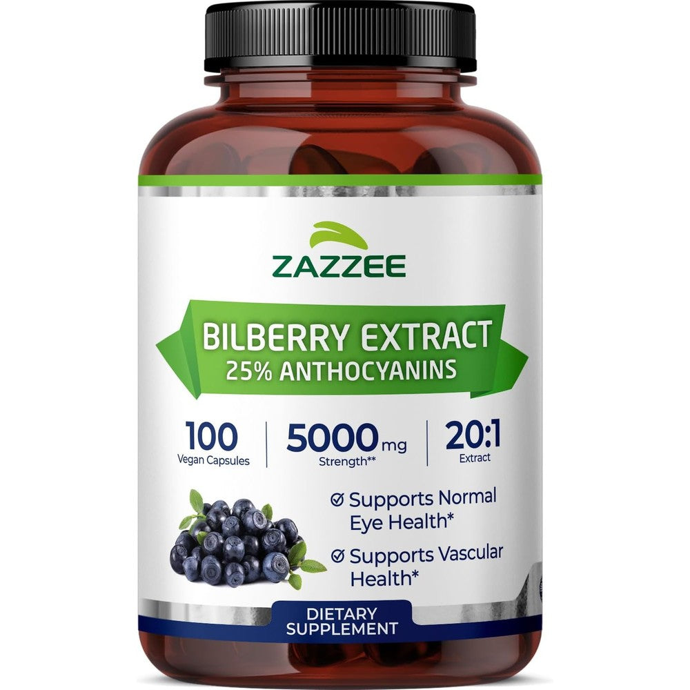 Zazzee Naturals Extra Strength Bilberry Extract front view showing 5000 mg strength label.