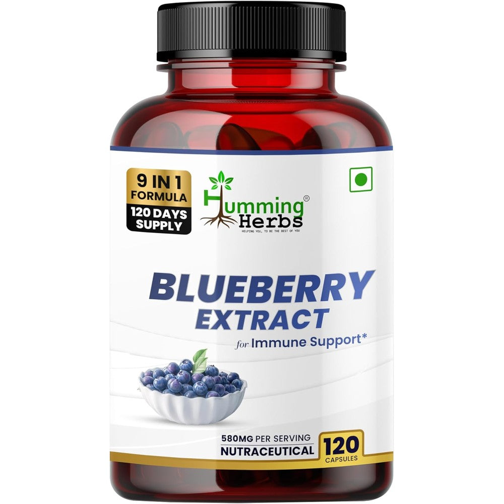 Humming Herbs Blueberry and Bilberry Extract 120 capsules bottle front view showing 9-in-1 formula for eye care.