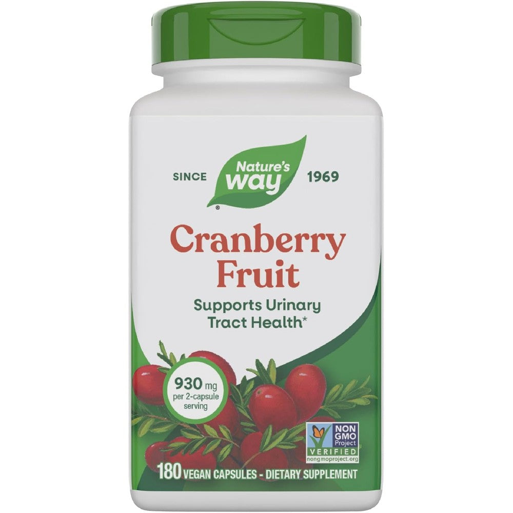 Nature's Way Cranberry Fruit 180 capsules front view showing urinary tract health support benefits.
