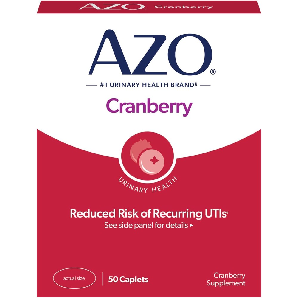 AZO Cranberry Urinary Tract Health Support 50 Caplets front view packaging.
