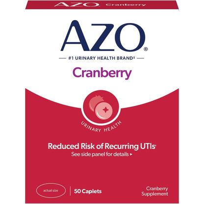 AZO Cranberry Urinary Tract Health Support 50 Caplets front view packaging.