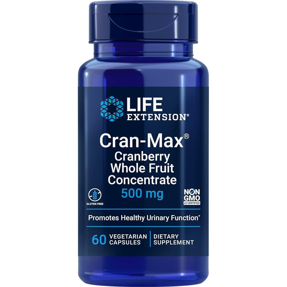 Life Extension Cran-Max 500 mg 60 Vegetarian Capsules front view bottle for urinary tract health
