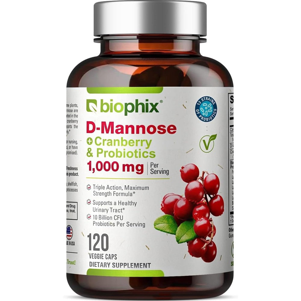 Biophix D-Mannose 1000mg Cranberry Probiotics 120 Capsules front view