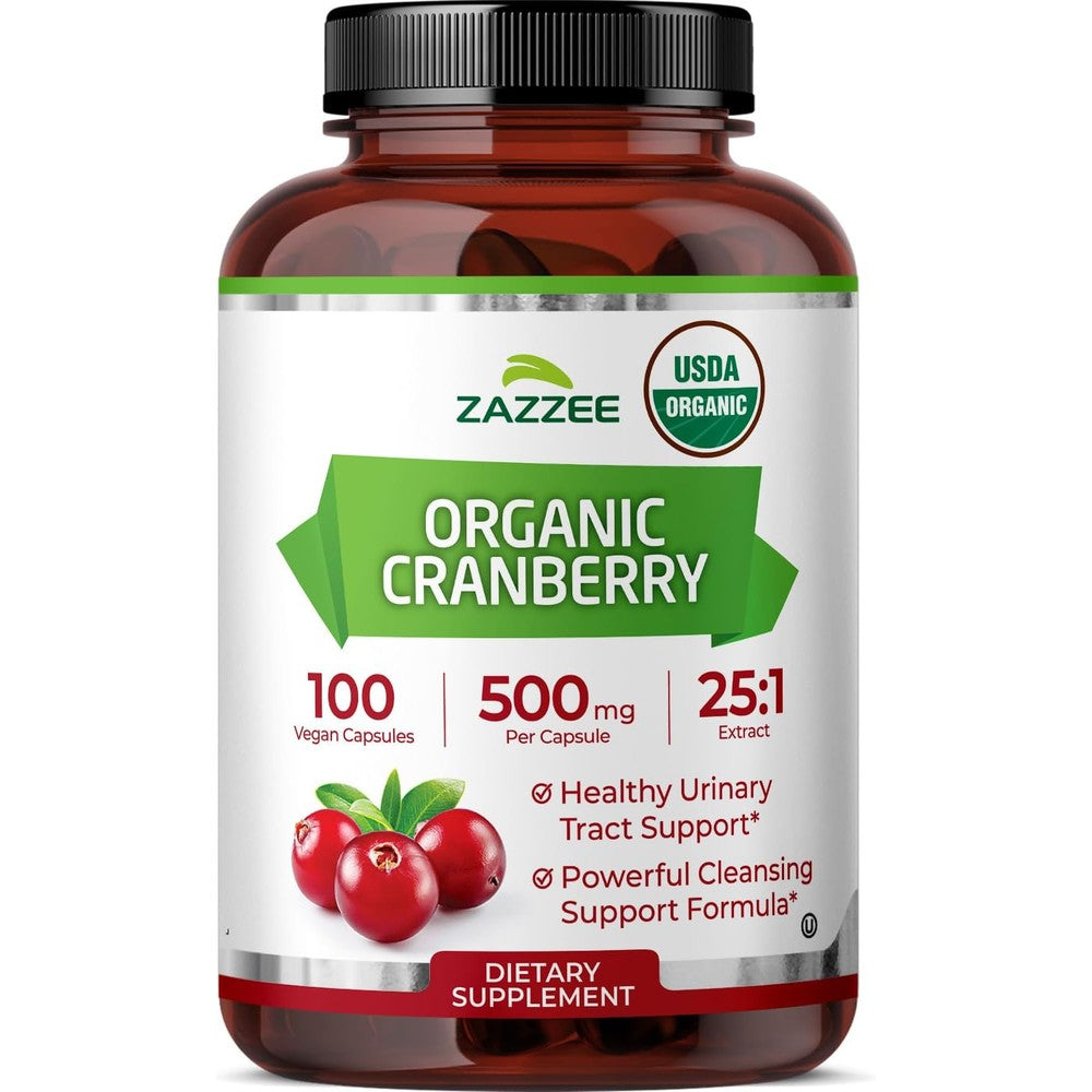 Zazzee USDA Organic Cranberry Extract 100 Capsules Front View