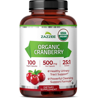Zazzee USDA Organic Cranberry Extract 100 Capsules Front View