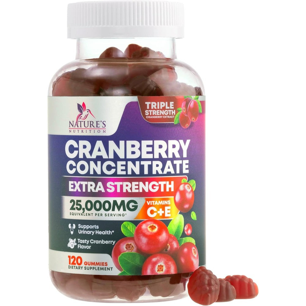 Nature's Nutrition Cranberry Extract Gummies front view with supplement bottle
