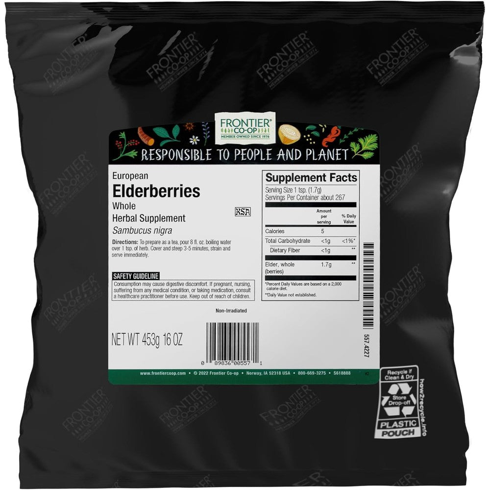 Frontier Co-op Dried Elderberries front view 16 ounce bag