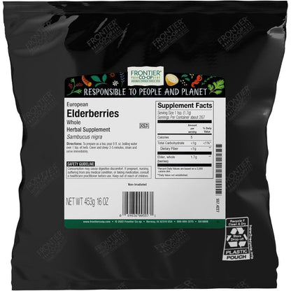 Frontier Co-op Dried Elderberries front view 16 ounce bag