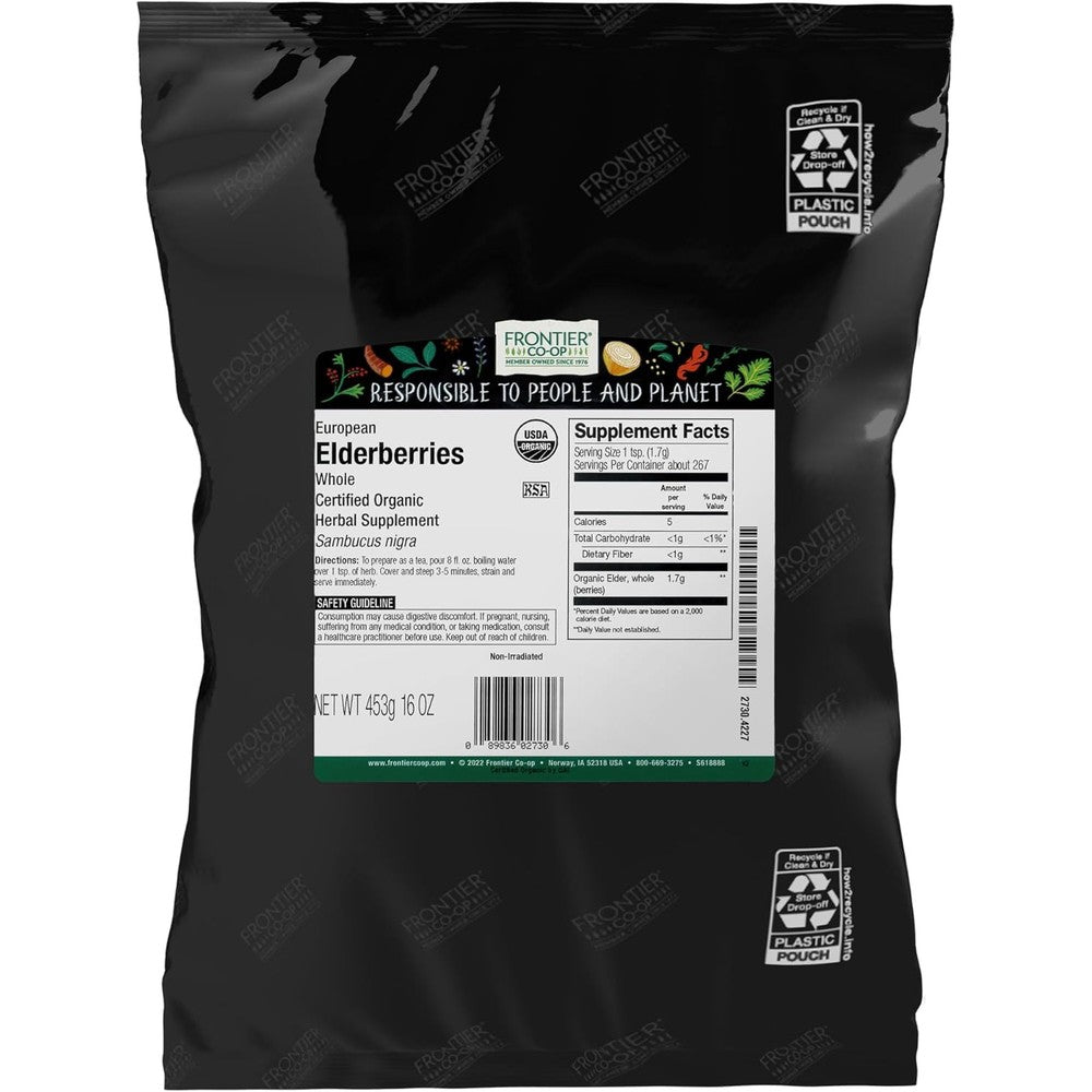 Frontier Co Op Organic Dried Whole European Elderberries 16 Ounces front view