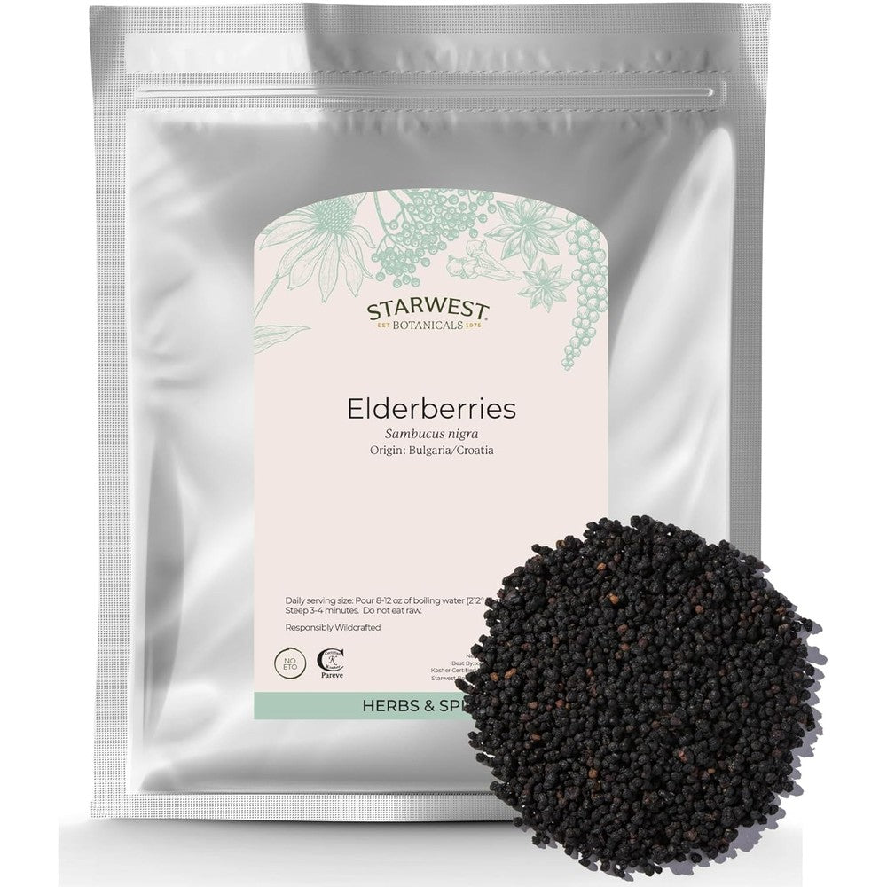 Starwest Botanicals whole dried elderberries 1 pound bag front view