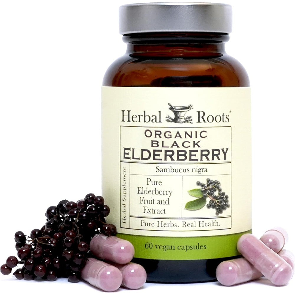 Herbal Roots Organic Black Elderberry Max Strength 60 Vegan Capsules front view bottle for immune defense.