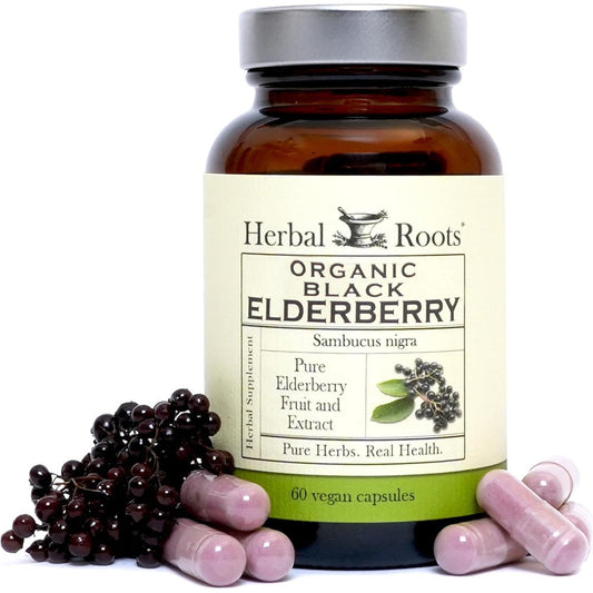 Herbal Roots Organic Black Elderberry Max Strength 60 Vegan Capsules front view bottle for immune defense.