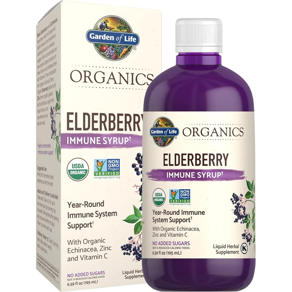 Garden of Life Organics Elderberry Immune Syrup front bottle view showing USDA Organic certification.