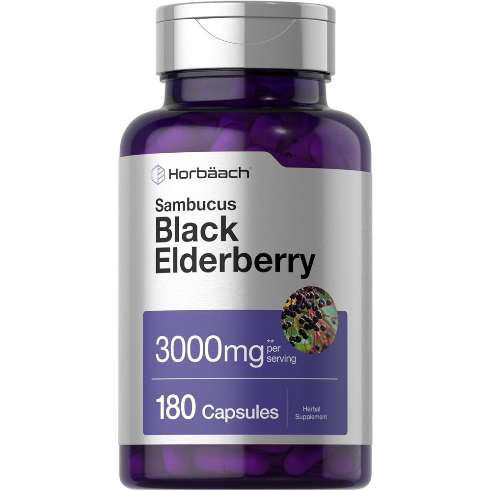 Horbäach Black Elderberry 3000mg 180 Capsules front view bottle for immune support