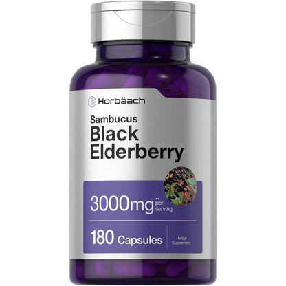 Horbäach Black Elderberry 3000mg 180 Capsules front view bottle for immune support