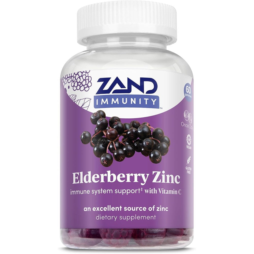 Zand Immunity Elderberry Zinc with Vitamin C 60 Gummies front bottle view for daily immune support.