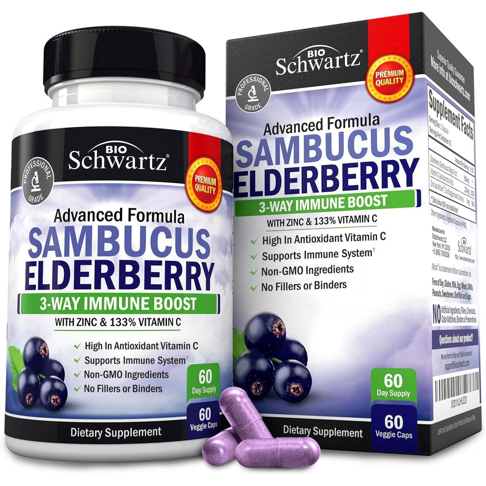 BioSchwartz Sambucus Elderberry with Zinc and Vitamin C bottle front view for premium immune defense
