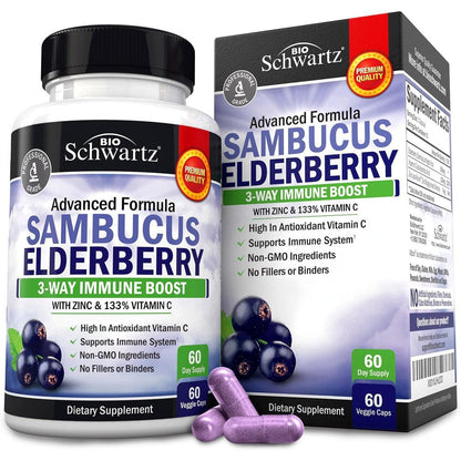 BioSchwartz Sambucus Elderberry with Zinc and Vitamin C bottle front view for premium immune defense