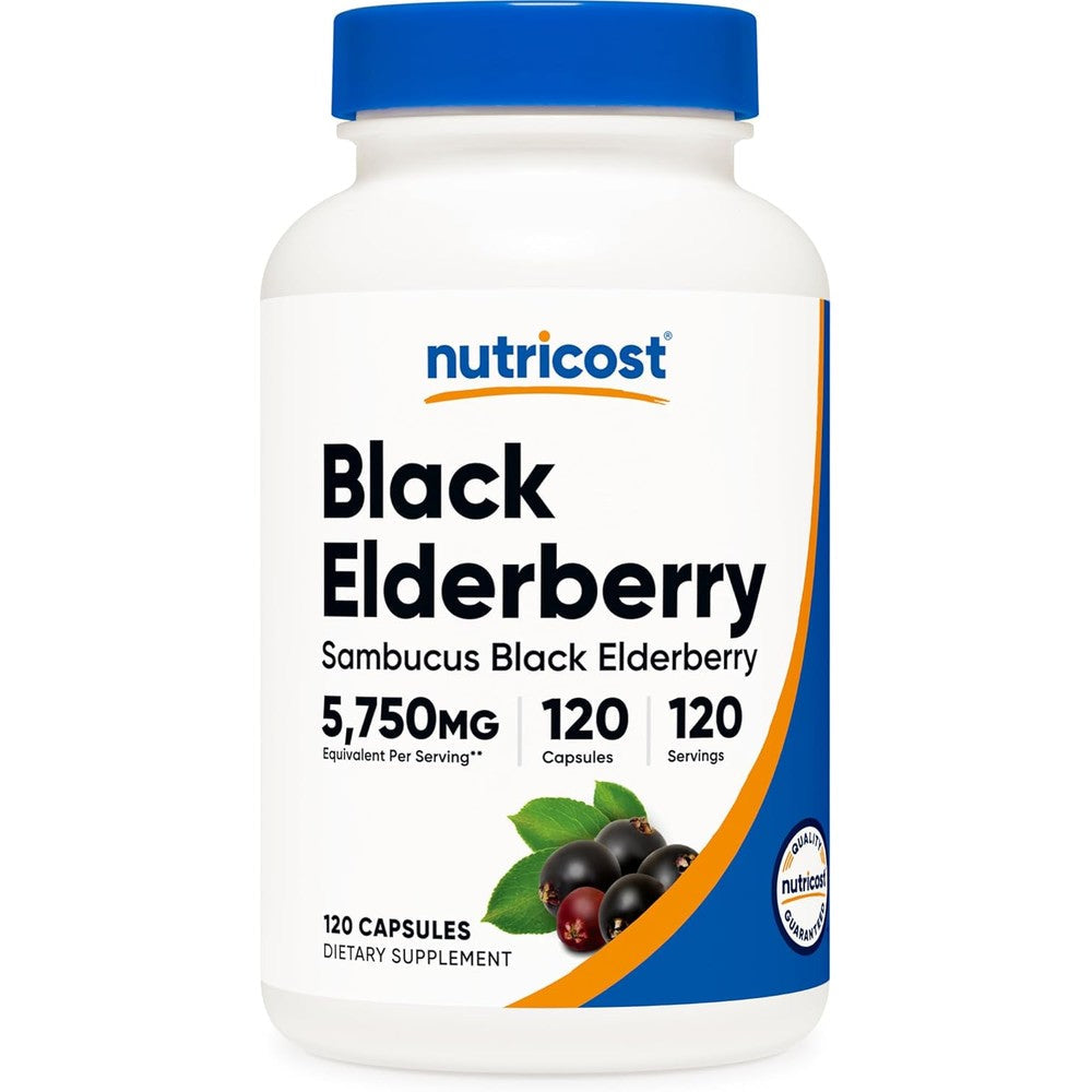 Nutricost Black Elderberry 120 vegetarian capsules front bottle view for daily immune defense.