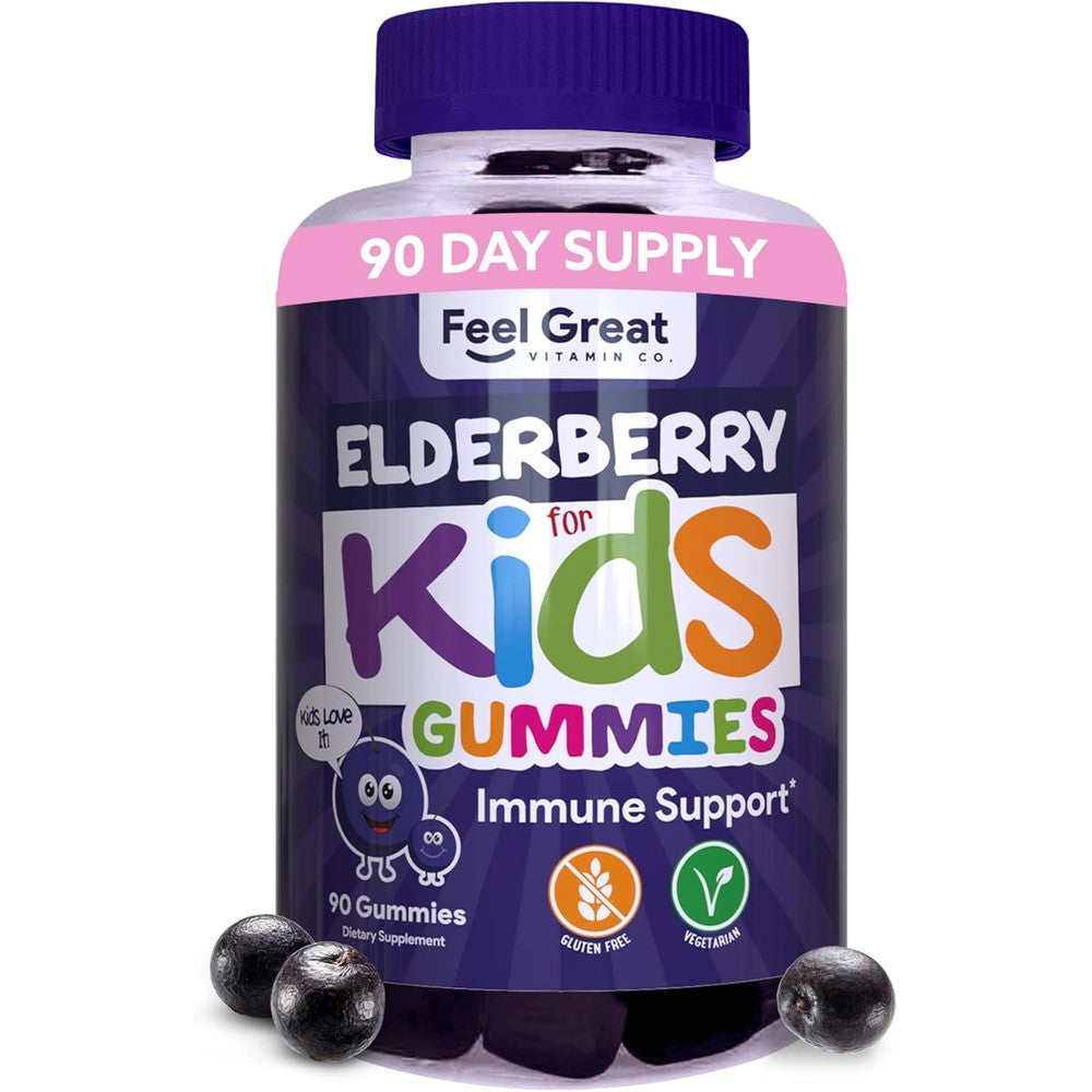 The Feel Great Vitamin Company Kids Elderberry Gummies ninety count bottle front view