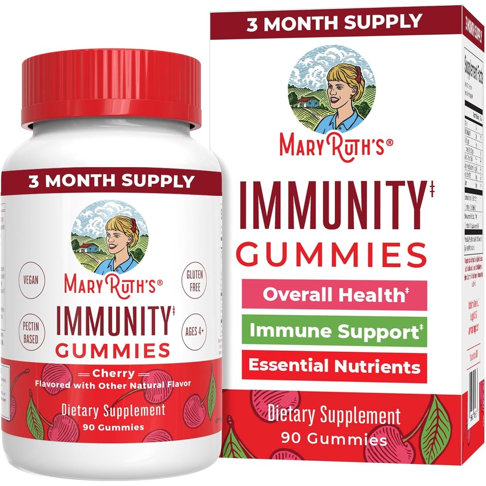 MaryRuth Organics 5 in 1 Immunity Gummies 90 count front view bottle showing cherry flavor label for immune support.