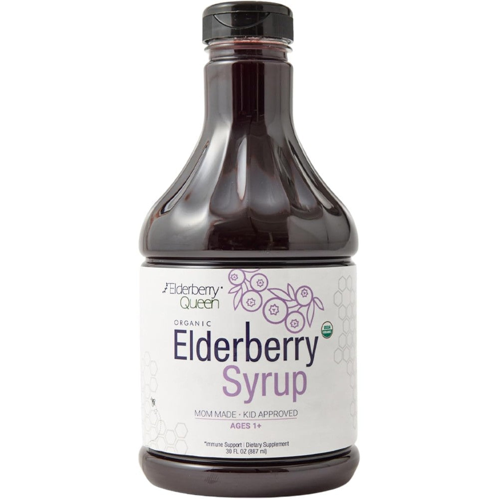 Elderberry Queen Organic Elderberry Syrup thirty fluid ounce front view bottle for natural immune support