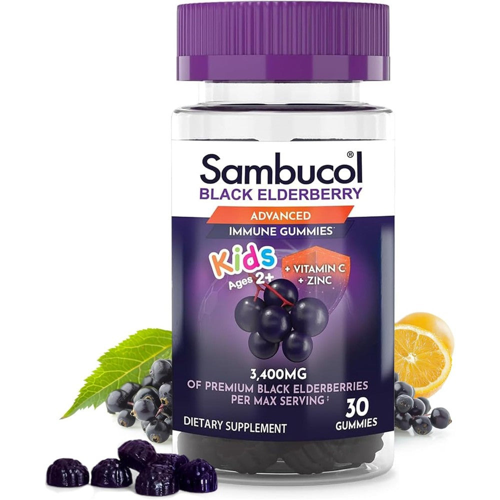 Sambucol Black Elderberry Kids Gummies 30 count front packaging for daily immune support.