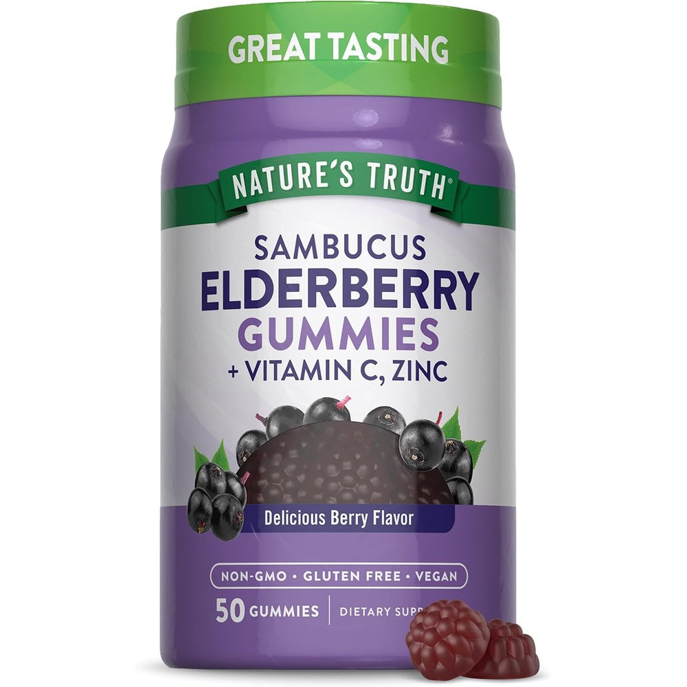 Nature's Truth Black Elderberry with Vitamin C and Zinc 50 Vegan Gummies front view for immune support.