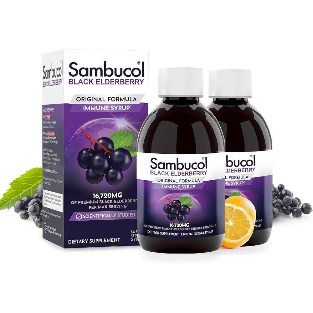 Sambucol Black Elderberry Syrup Original Formula front view of two pack box for immune support.