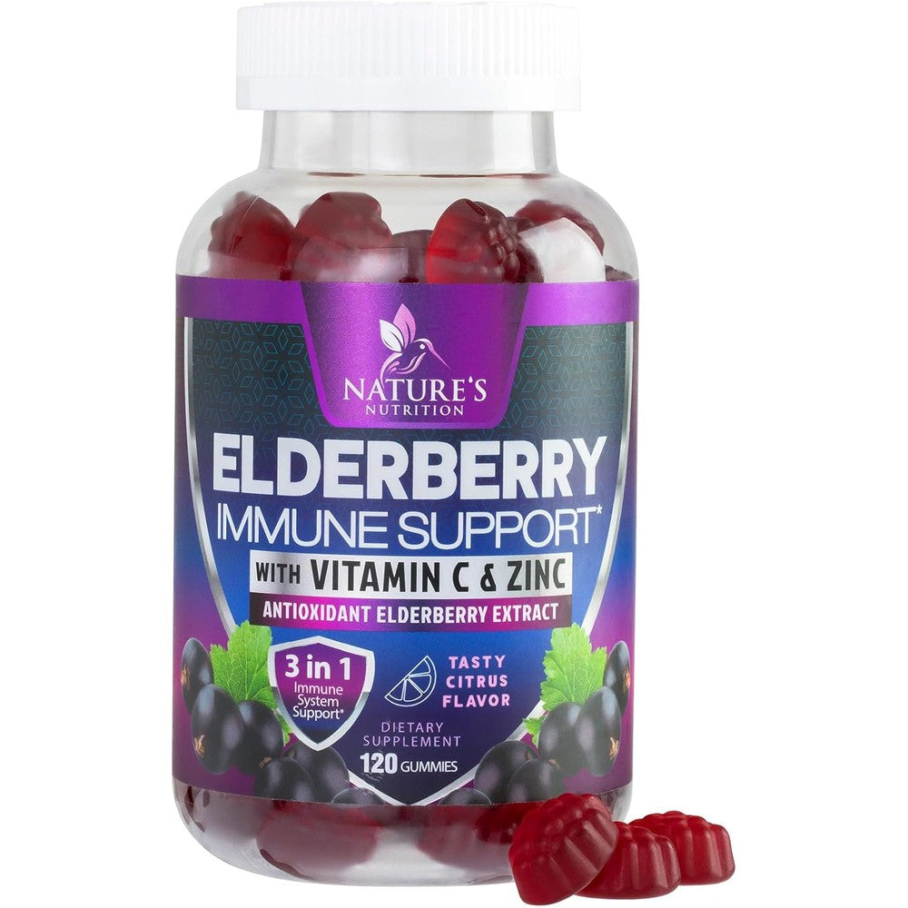 Nature's Nutrition Elderberry Immune Support Gummies front view bottle showing 120 citrus flavored supplements