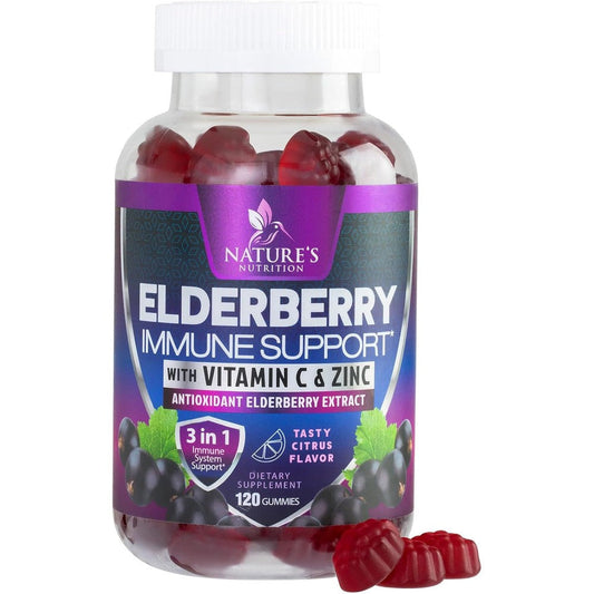 Nature's Nutrition Elderberry Immune Support Gummies front view bottle showing 120 citrus flavored supplements